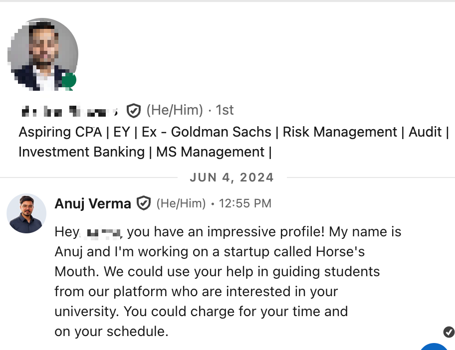 A LinkedIn outreach message from June 2024 inviting an alum to mentor students, with the recipient's name and photo blurred